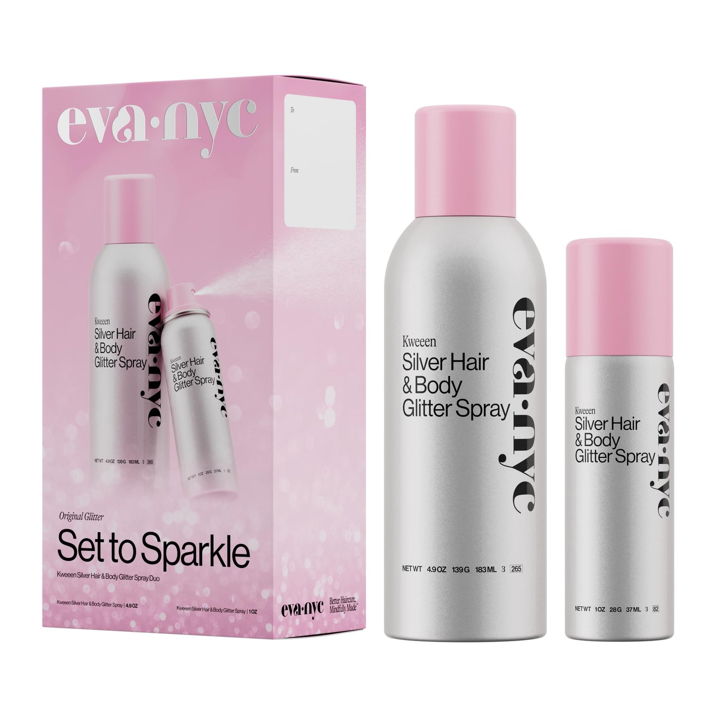 Eva NYC Kweeen Silver Hair and Body Glitter Spray Set - Original Ultra Shimmery Glitter, New Look - Adds Shine + Non-Sticky - Quick Drying Spray - Warm Vanilla Scent - Full Size + Travel Size Gift Set