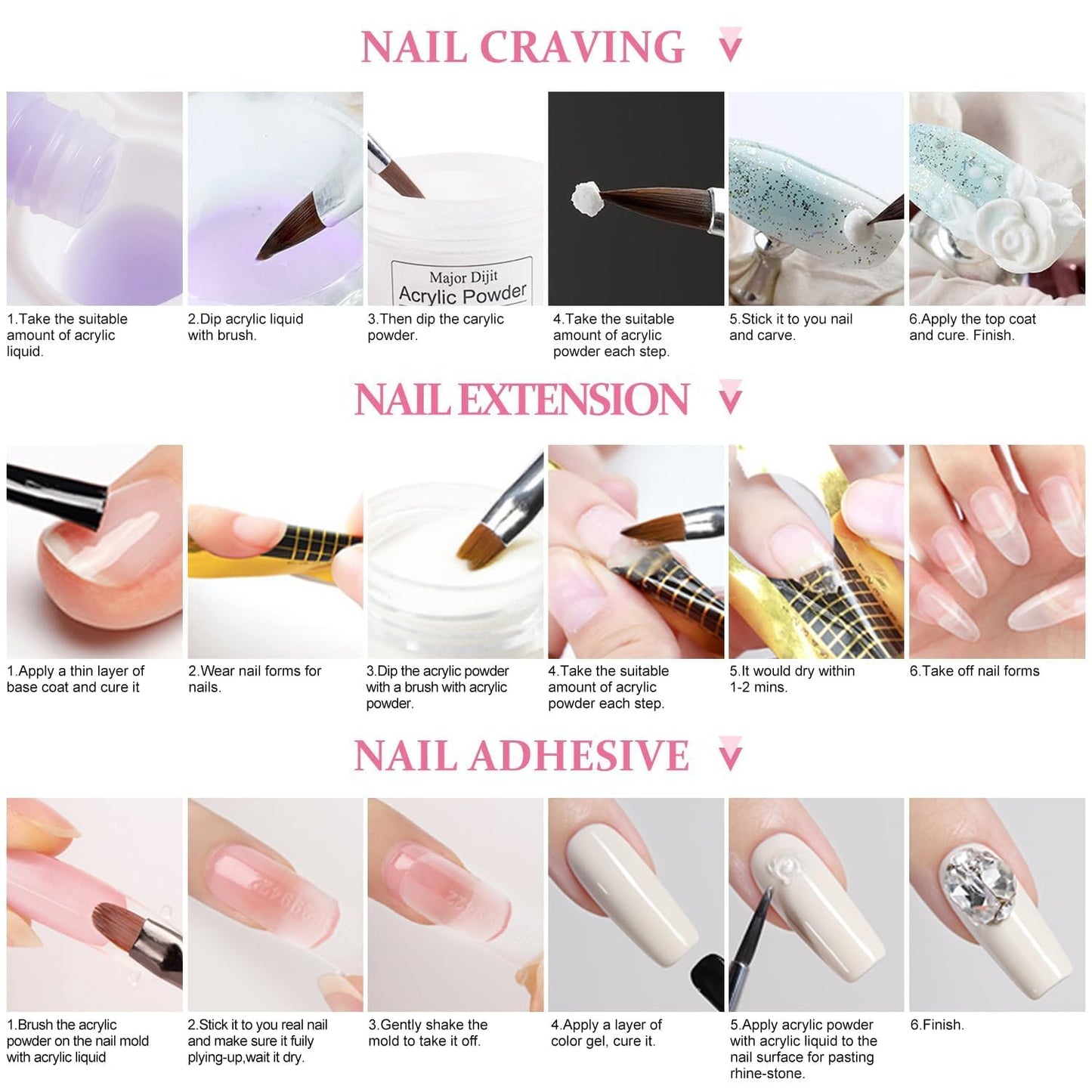 Acrylic Nail Kit with U V Lamp, Liquid Monomer and 6 Color Acrylic Powder