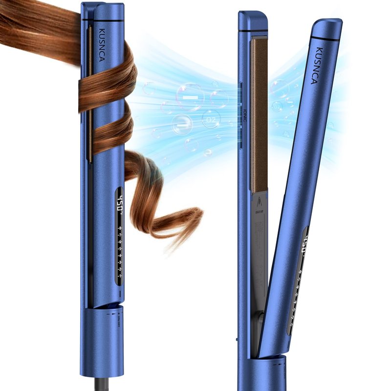 KUSNCA Professional Titanium Flat Iron, Hair Straightener and Curler Iron 2 in 1, Negative Ion Straightening, Dual Voltage Travel Pack, Front Anti-Scald Function, LCD 230°F-450°F, 1 Inch (Blue)