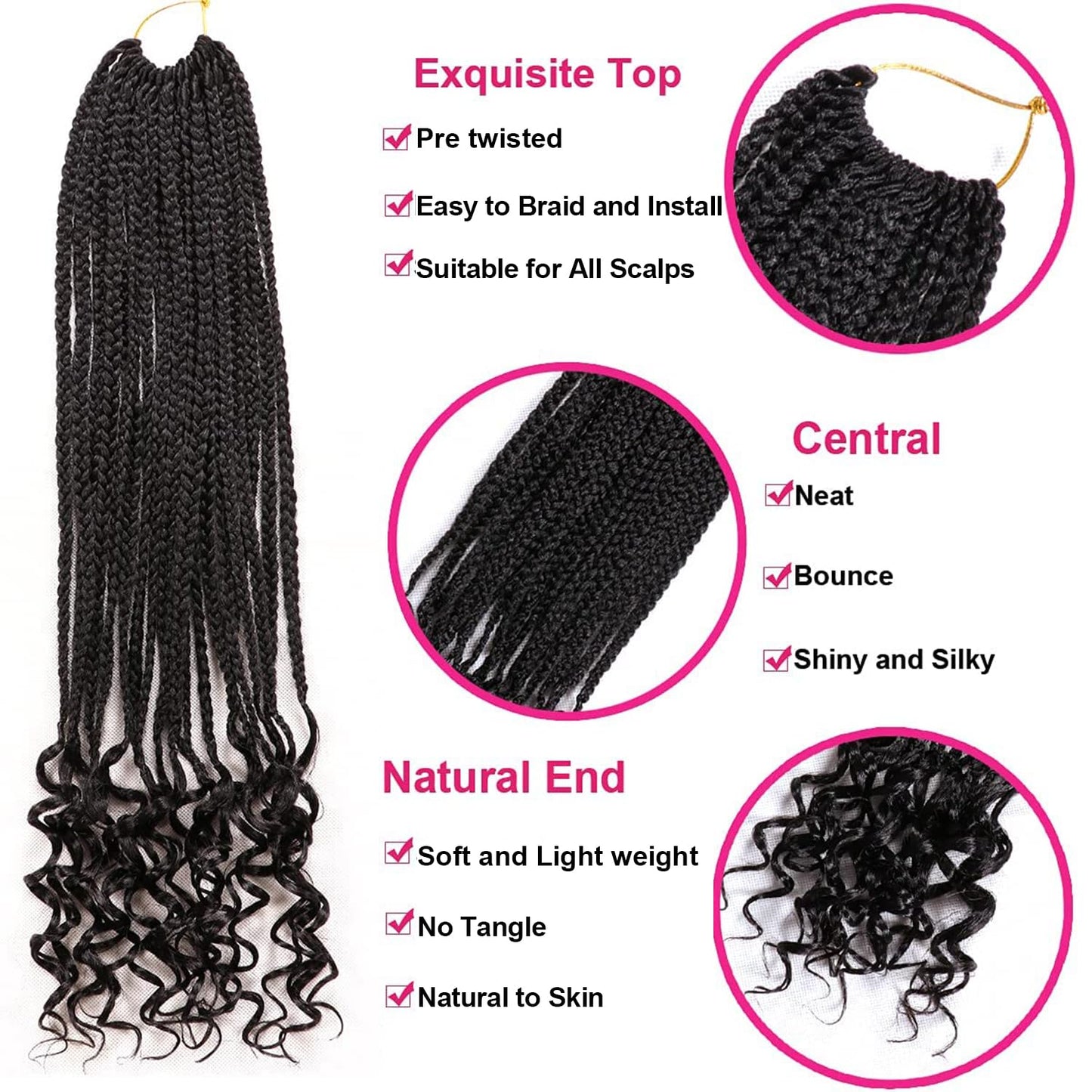 7 Packs 24 Inch Boho Goddess Box Braids Crochet Hair for Black Women (1B#, 24 Inch (Pack of 7))