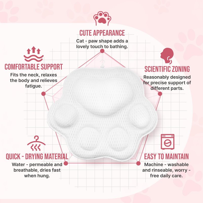 NdtPanopsia Cute Cat Paw Bath Pillow | Ergonomic Spa Cushion with Non-Slip Design | Quick-Drying, Supports Head, Neck & Back | Unique Gift for Women