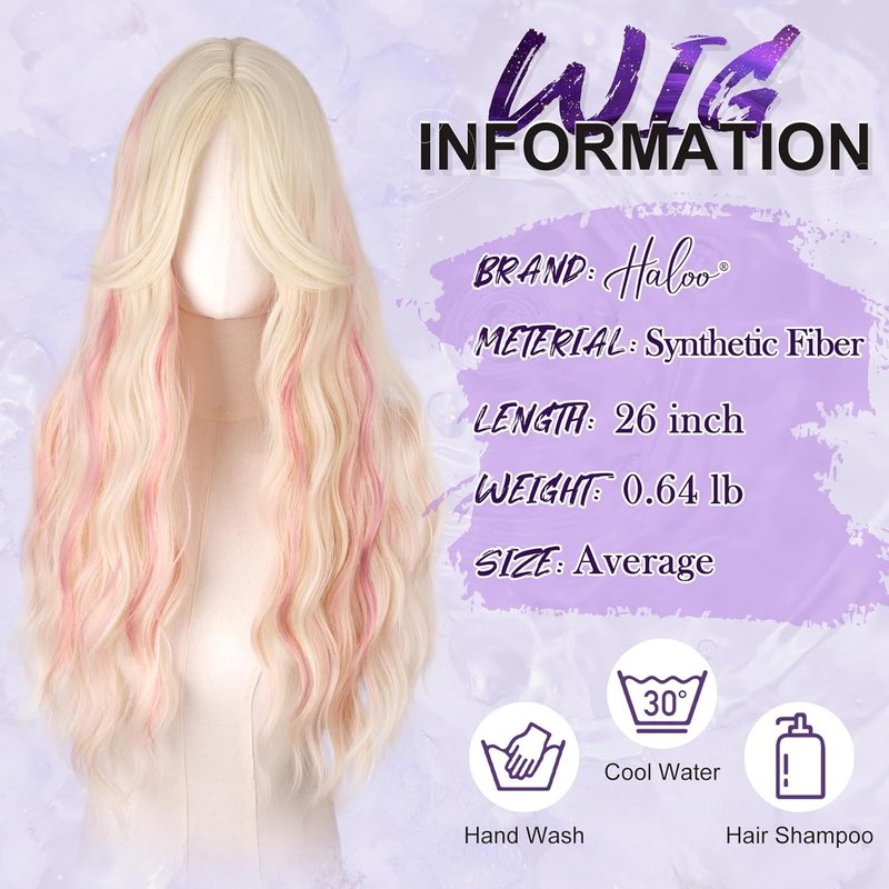 Blonde Wigs with Curtain Bangs - Long Wavy Synthetic Hair Wig for Women | 26 Inch Blonde Mixed Pink