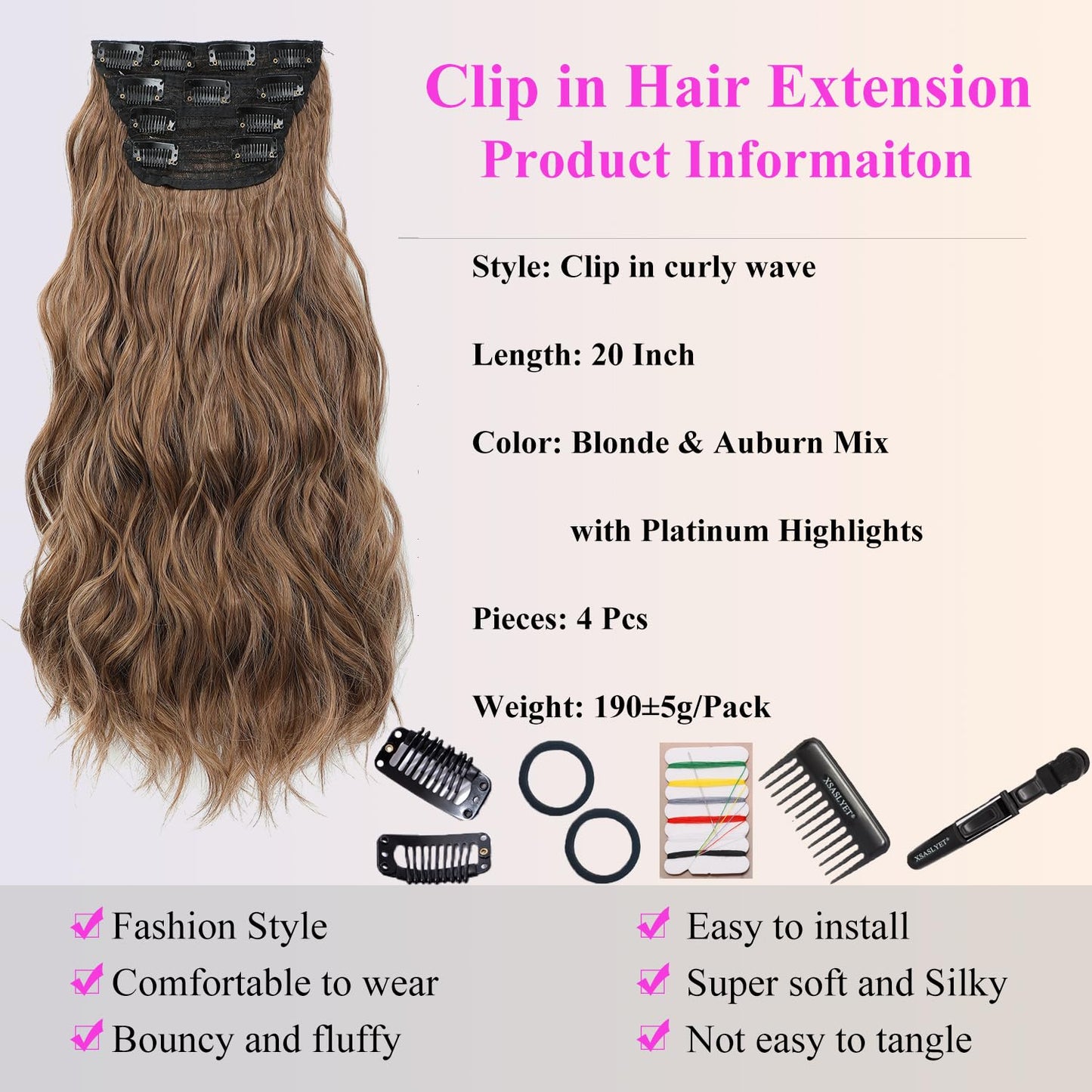 XSASLYET Clip in Hair Extensions 4 Pcs, 20 Inch, P27/30/33