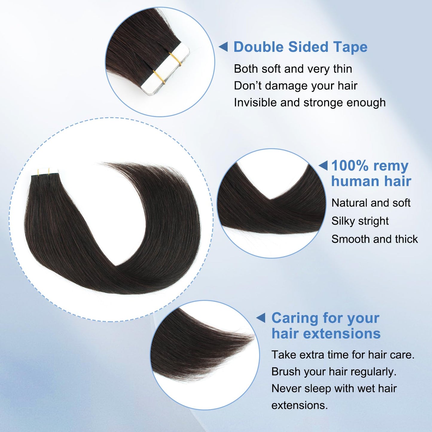 Sixstarhair Semi-Permanent Pre-taped Tape In Hair Extensions Traceable Remy Human Hair New Trend Invisible, Seamless and Reusable, Off Black Tape In Hair [Color 1B#-16inch]