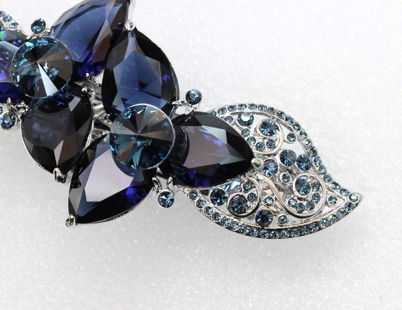 Navy Blue CZ Crystal Floral Hair Barrette Clip - Heavy Duty Design