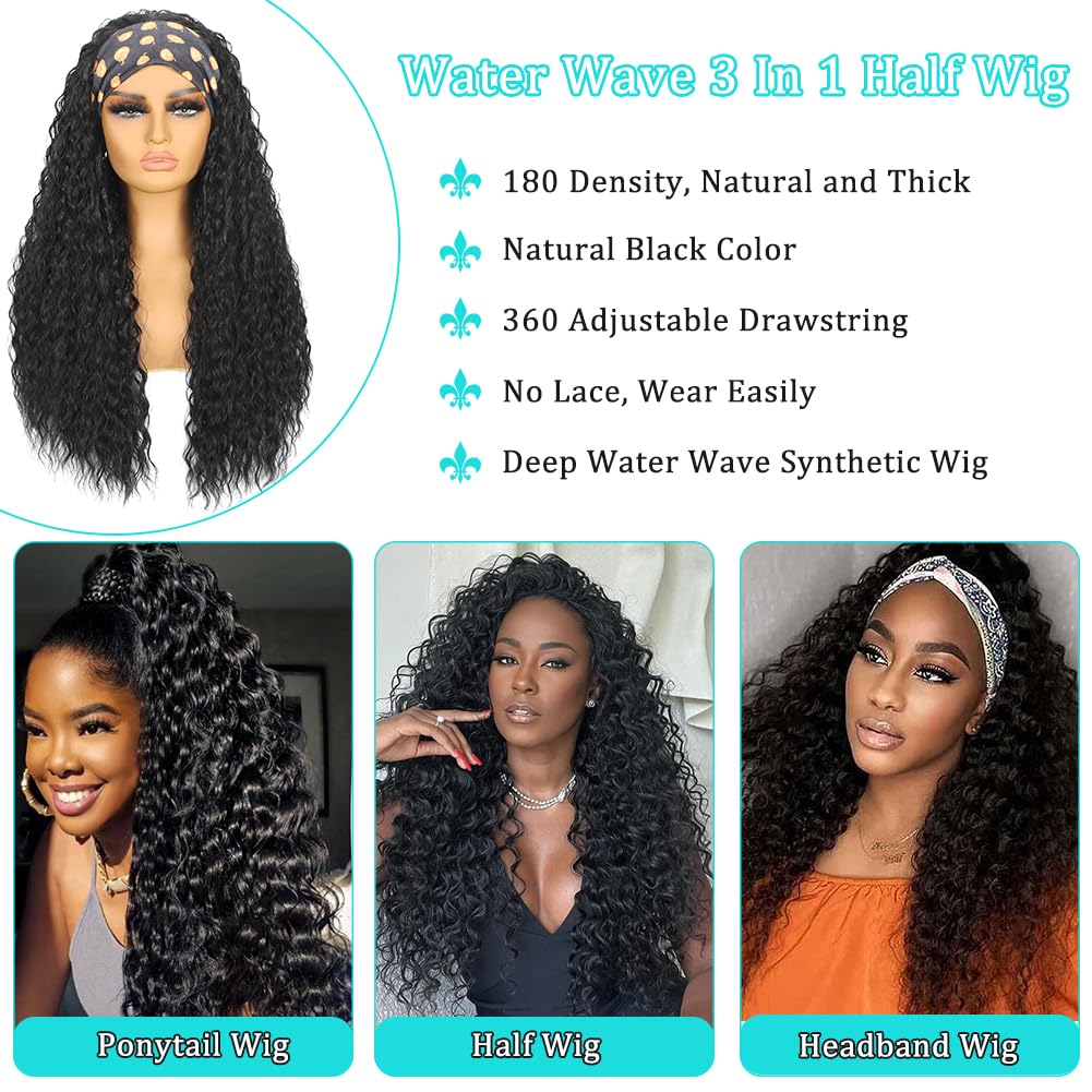 MARYLING Deep Water Wave Half Wig 3 In 1 Wear and Go Headband Wig Drawstring Seamless Flip Over Deep Curly Half Wigs Beginner Friendly Synthetic Half Wig for Black Women Natural Black 26 Inch
