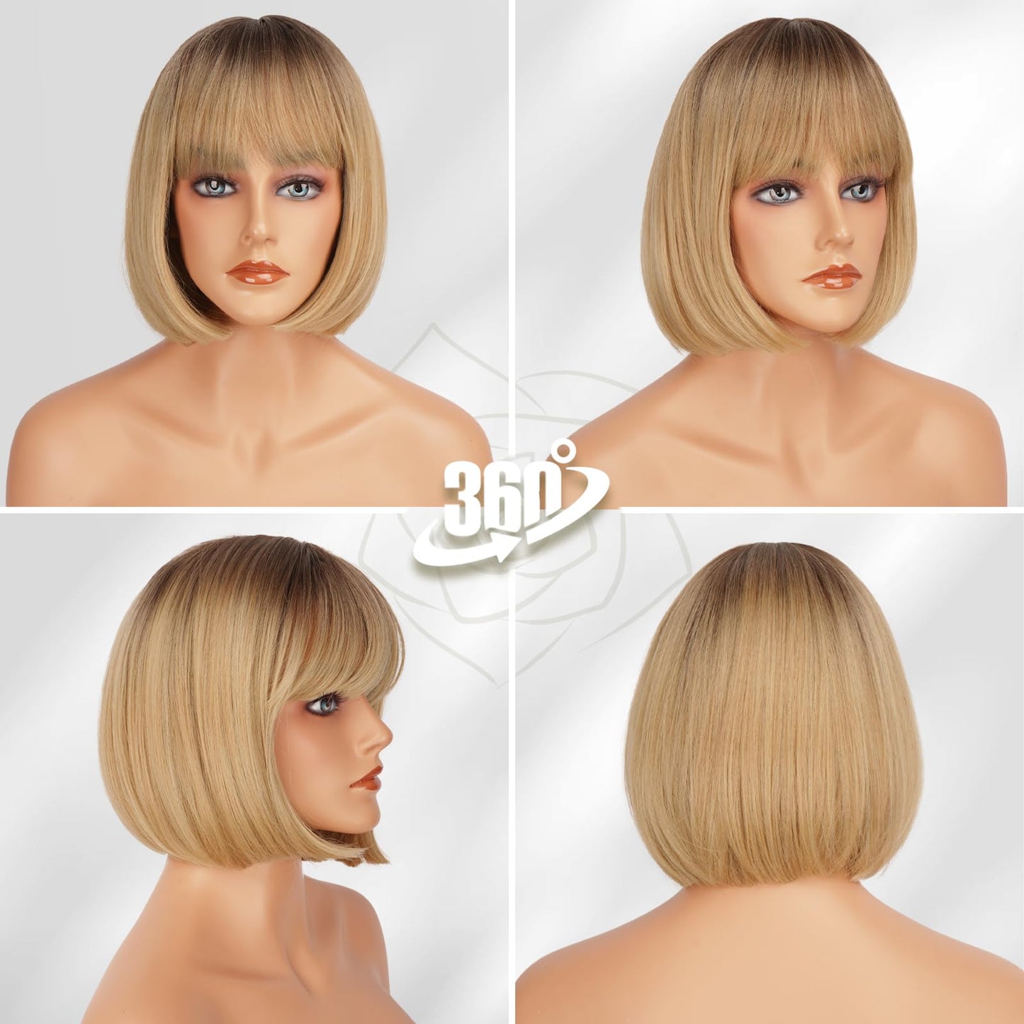 BARSDAR Short Bob Wig with Bangs - Short Blonde Ombre Bob Wigs with Bangs for Women - 12 Inch Chin-Length Blonde Wig with Dark Roots Natural Looking Soft Synthetic Hair Replacement Daily Halloween