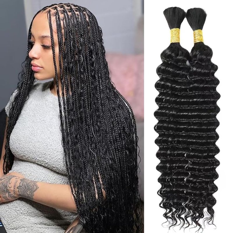 Human Braiding Hair 2 Bundles 100g 18Inch Deep Wave Bulk Human Hair for Braiding No Weft Curly Braiding Hair Bulk Curly Human Hair for Boho Braids 12A Brazilian Virgin Hair Extensions Natural Color