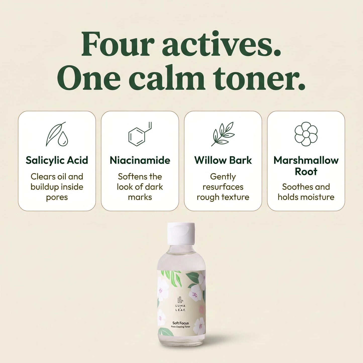 Salicylic Acid Toner for Acne Prone Skin, Pore Clearing BHA Face Toner with Niacinamide, Willow Bark & Marshmallow Root, Exfoliating Treatment for Breakouts & Dark Spots, Vegan, 4 fl oz, Luma & Leaf