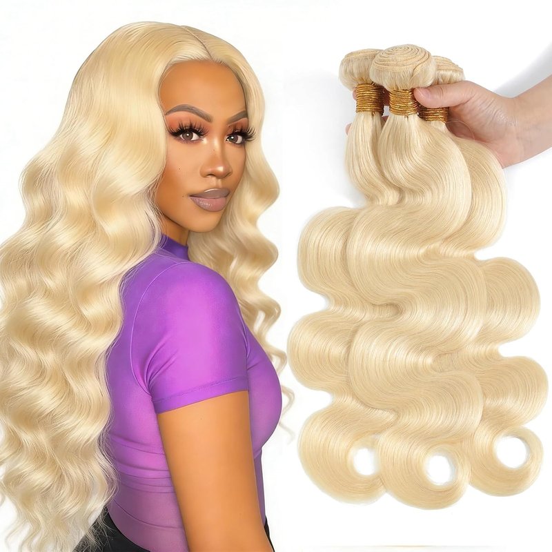 613 Blonde Body Wave Hair Bundles - 100% Unprocessed Brazilian Virgin Human Hair | 10-12-14 Inch, 3 Bundles, Double Weft