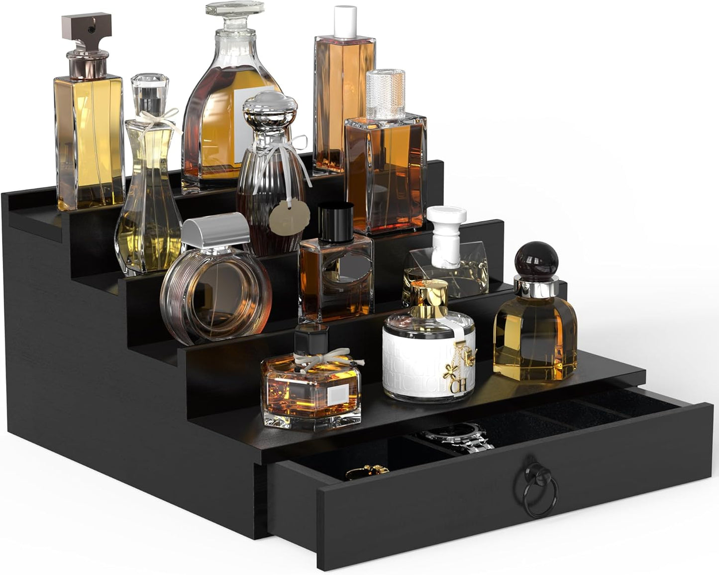 Cologne Organizer for Men - 4-Tier Black Wood Perfume Holder with Felt Lining & Hidden Compartment | Perfect Gift Idea
