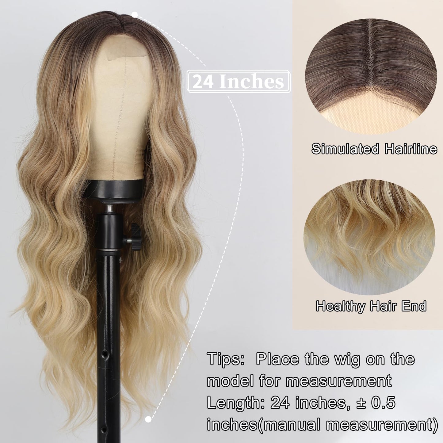 AISI QUEENS Long Blonde Wigs for Women, Ombre Blonde Wavy Synthetic Curly Hair Wigs Natural Looking Middle Part Heat Resistant Fibre for Daily Party Use 24 Inch