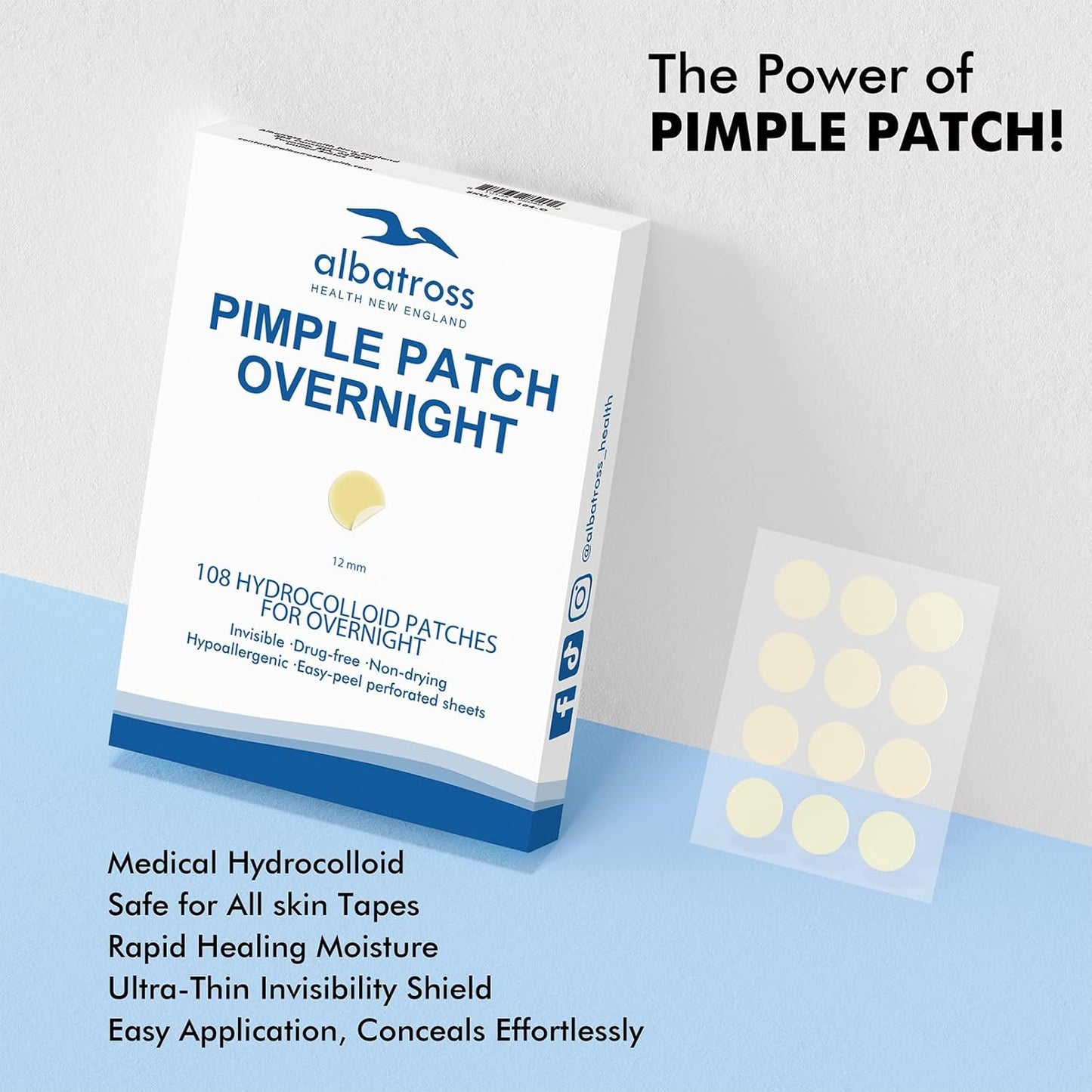 Albatross Health New England Invisible Pimple Patches for face, plain Hydrocolloid Acne Patches, HSA FSA eligible, Spot Dots Cover, Zit Blemish Patch, 2 Sizes 180 Counts