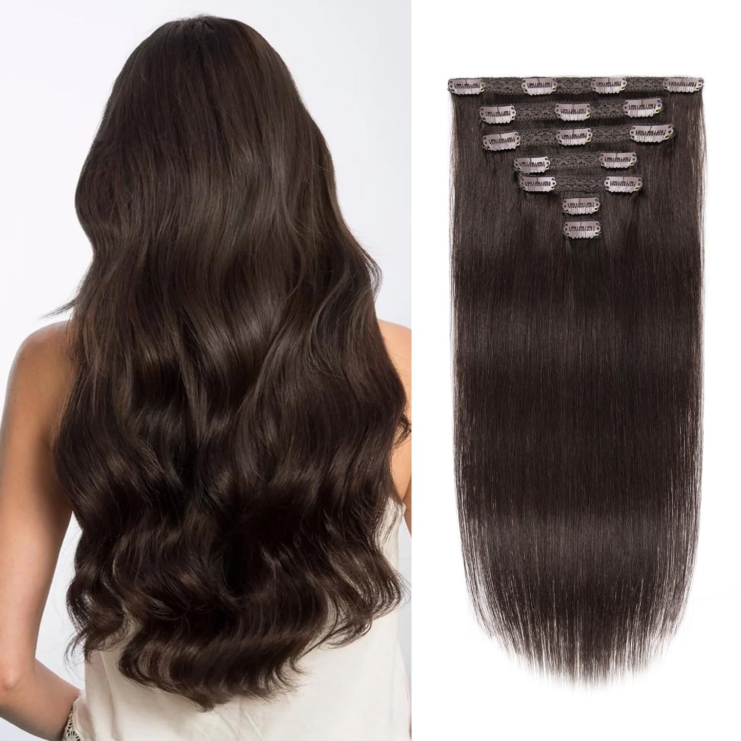 VKHAIR Clip in Hair Extensions Real Human Hair 16 inch, 7Pcs/70g Human Hair Clip in Extensions, Seamless Clip in Hair Extensions Human Hair #2 Dark Brown, 16 Inch