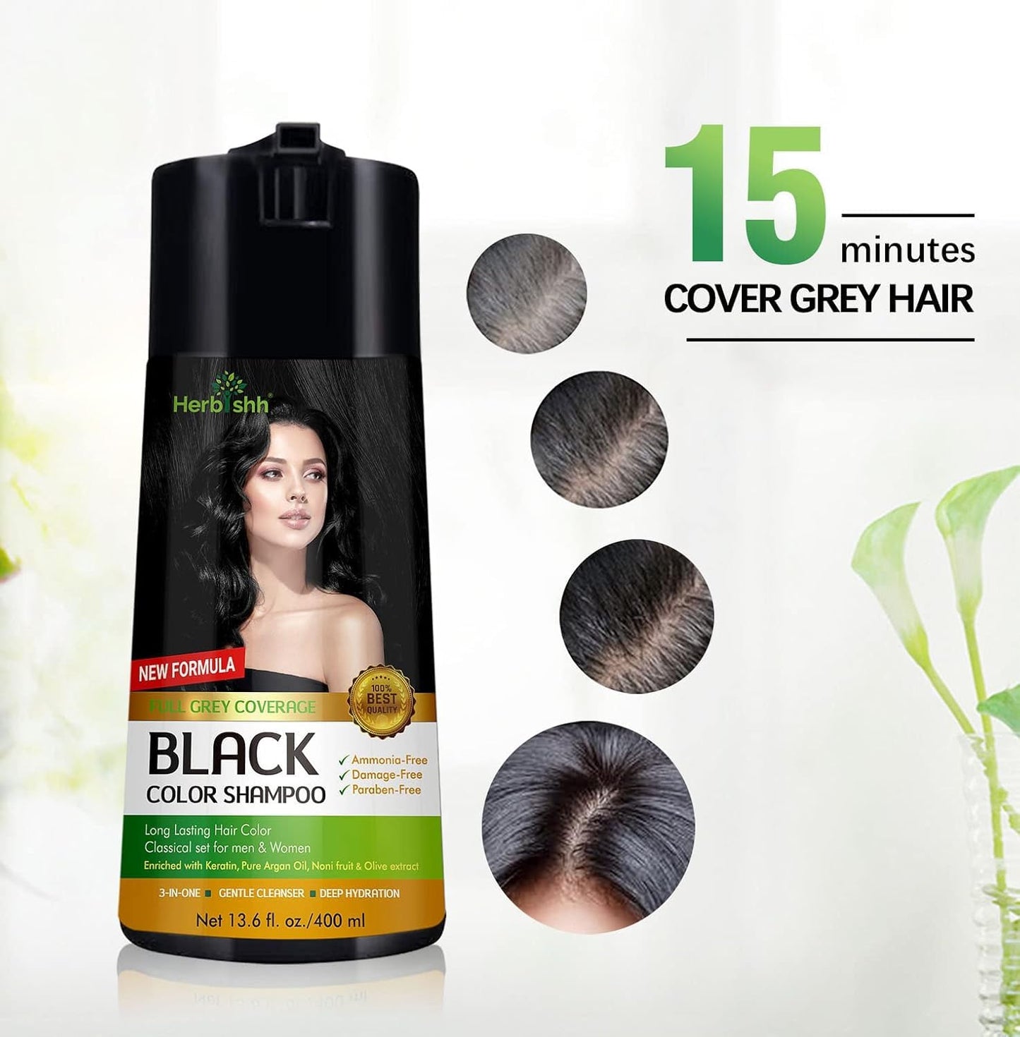 Herbishh Hair Color Shampoo for Gray Hair – Hair Dye Shampoo and Conditioner + Ginger Oil 30mL Hydrating Hair Oil + Pro Keratin Argan Oil Hair Mask for Dry, Damaged Hair 150mL (Black Brown)