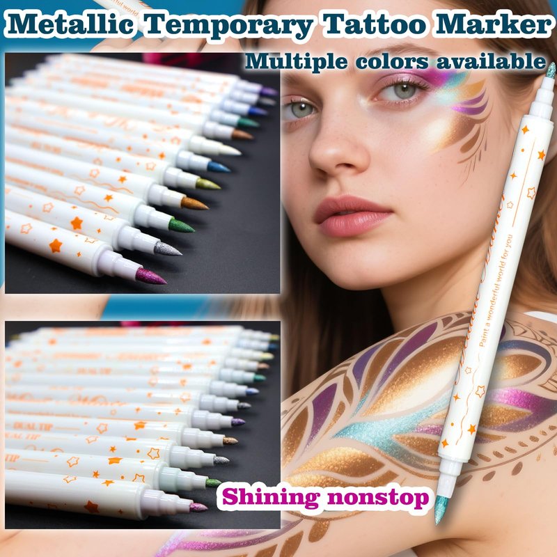 12 Colors Metallic Face Paint Glitter Tattoo Kit, Washable Glittering Face Body Painting Pens for Halloween Makeup Party Festival Clubs Cosplay Costume
