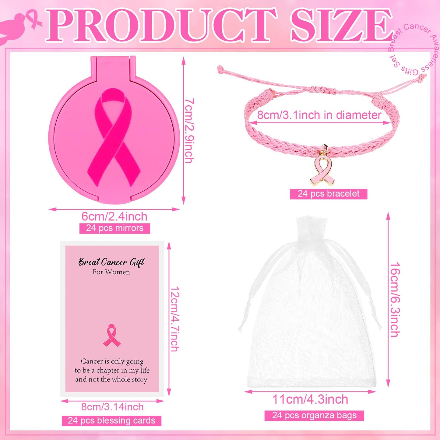 Geetery 72 Pcs Breast Cancer Awareness Gifts Set for Women Compact Folding Mirrors, Pink Ribbon Bracelets, Organza Bags for Breast Cancer Charity Event Survivor Campaign Party Accessories(Pink)