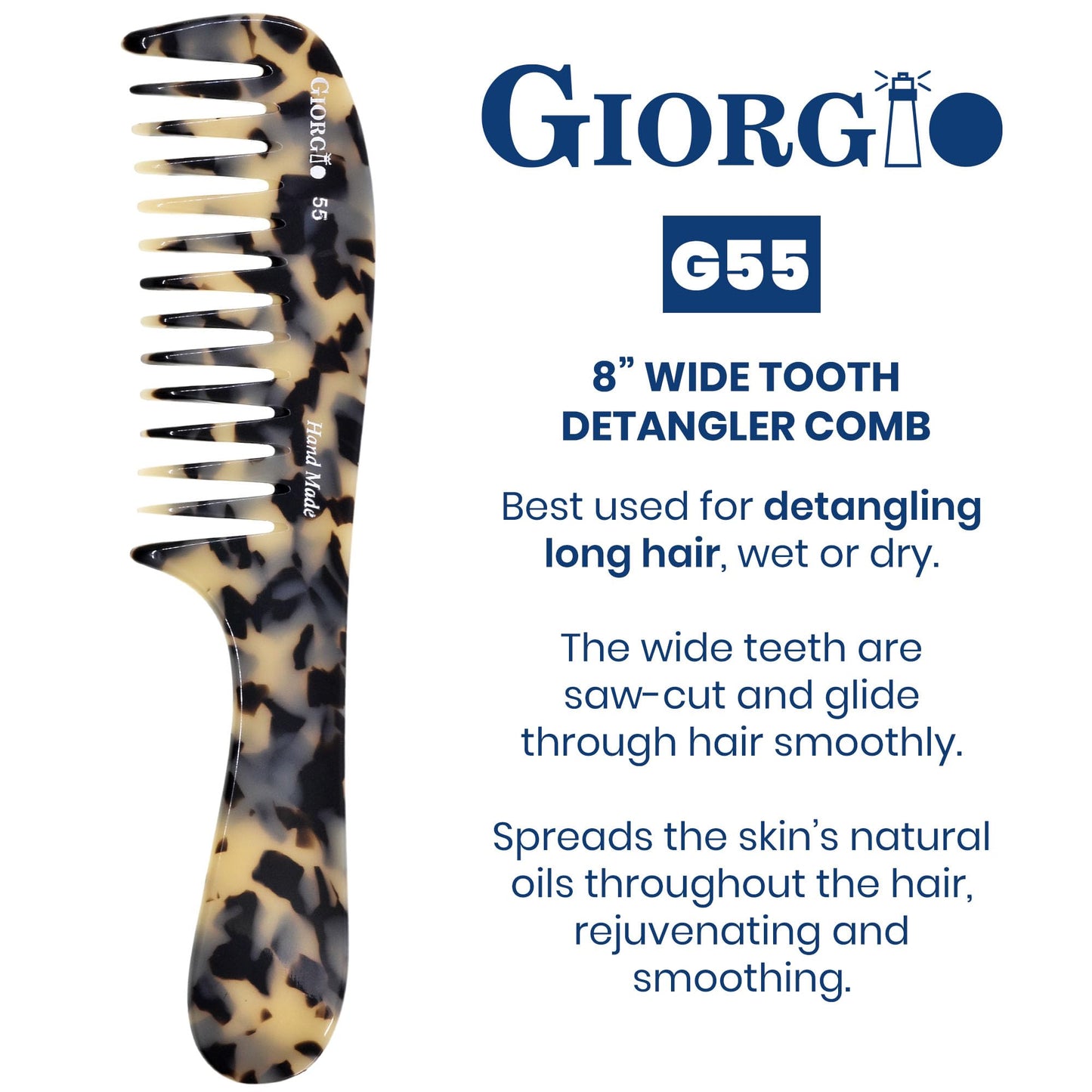 Giorgio G55 TW Wide Tooth Comb for Wet Hair Detangling Comb, Hair Comb for Thin to Medium Thickness Hair Detangler, Hair Combs for Women, Handmade Large Tooth Comb Rake Comb Saw-Cut and Hand Polished