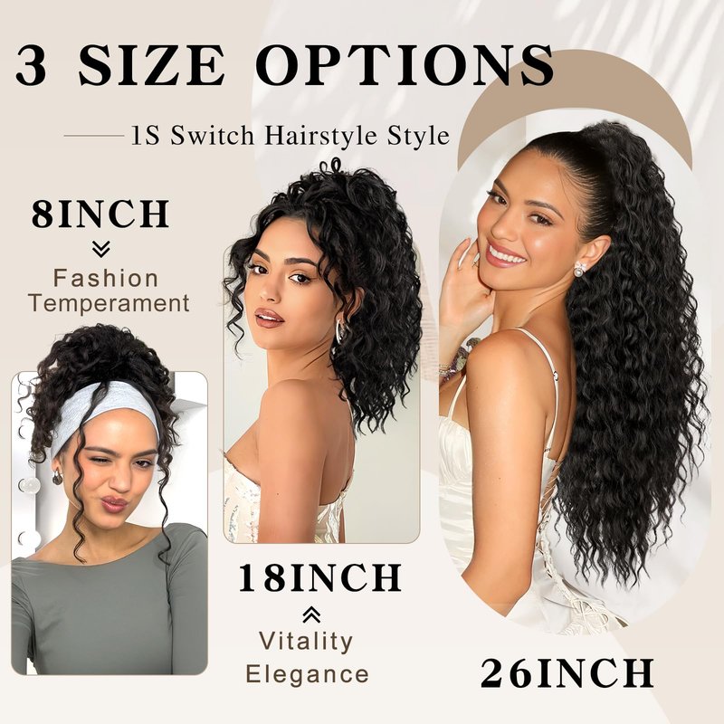 SHNMIN Ponytail Extension,Curly Drawstring Ponytail Extension for Black Women Natural Black Curly Clip in Hair Extensions 18 Inch Synthetic Hairpiece for Daily Party