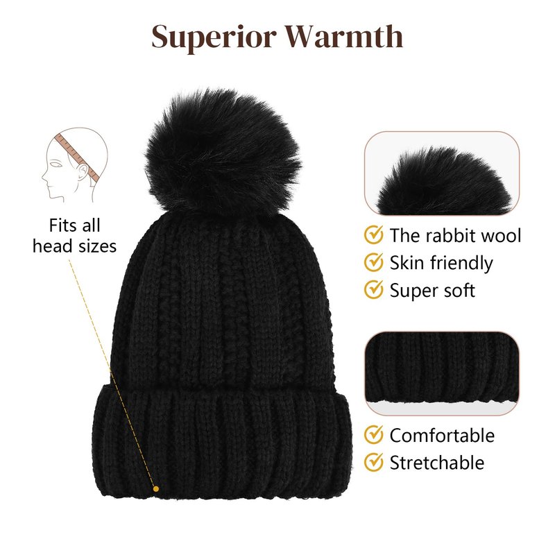 Flufymooz Beanie Wig, Hat Hair Extension Long Wavy Curly Black Hat Wig with Faux Fur Pom Hat, wig hat Attached 20 Inch Synthetic Hairpiece for Women Girls Winter (Black Brown)