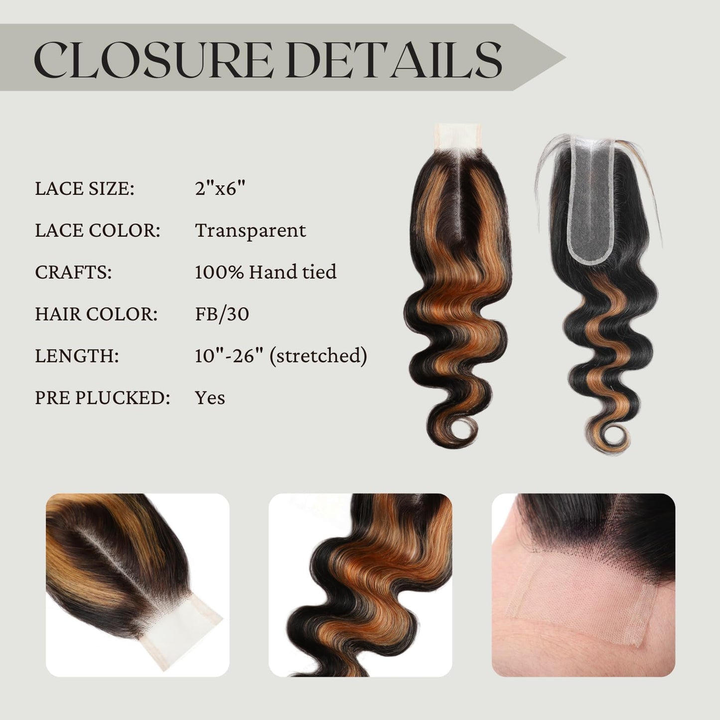 BQRIH #F1B/30 Brown Highlighted 2x6 HD Closure Only Body Wave Human Hair 12 Inch, 15A Salon Grade 100% Virgin Deep Part Ombre Honey Brown Highlight 2by6 Kim K Lace Closure Pre Plucked For Women Sew In