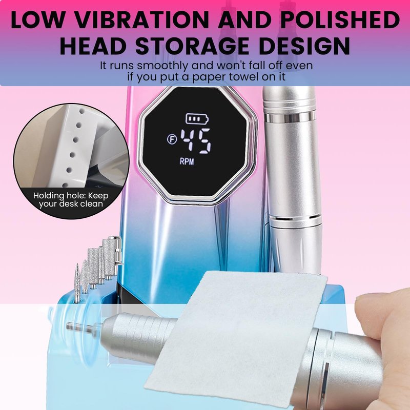 ESUOHYM 45000RPM Professional Cordless Portable Nail Drill Cordless Low Noise Nail Filer Electric Machine with Efile Bits & Base for Acrylic Nails, Nail Buffer Machine for Salon Home (Pink and Blue)