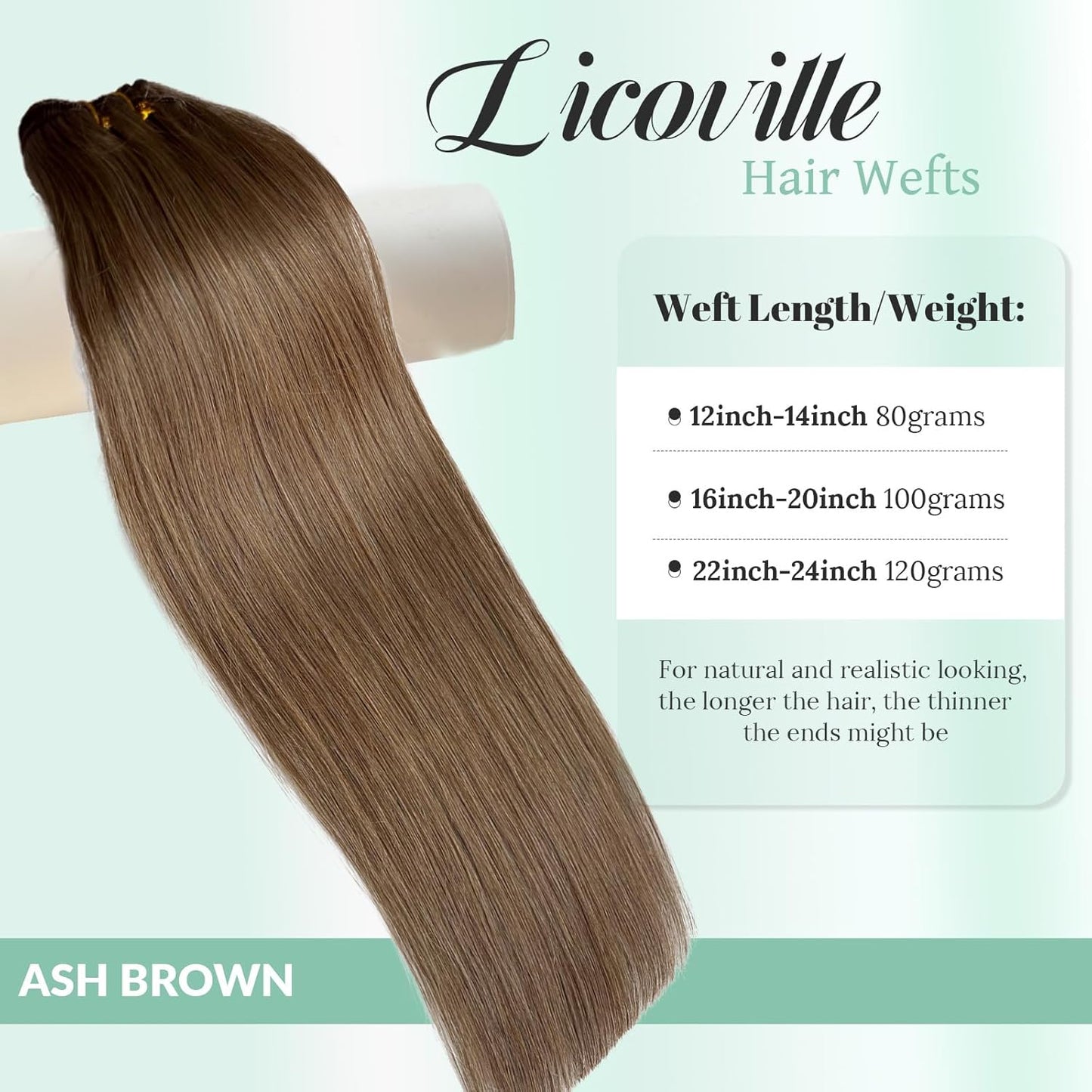 Human Hair Weft Extensions - Ash Brown Sew-In Double Weft | 12 Inch Thick Straight Bundles for Women