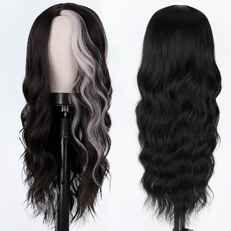 Long Wavy Black and White Wig - 26 Inch Middle Part Curly Synthetic Hair for Natural Look | Heat Resistant for Daily Wear