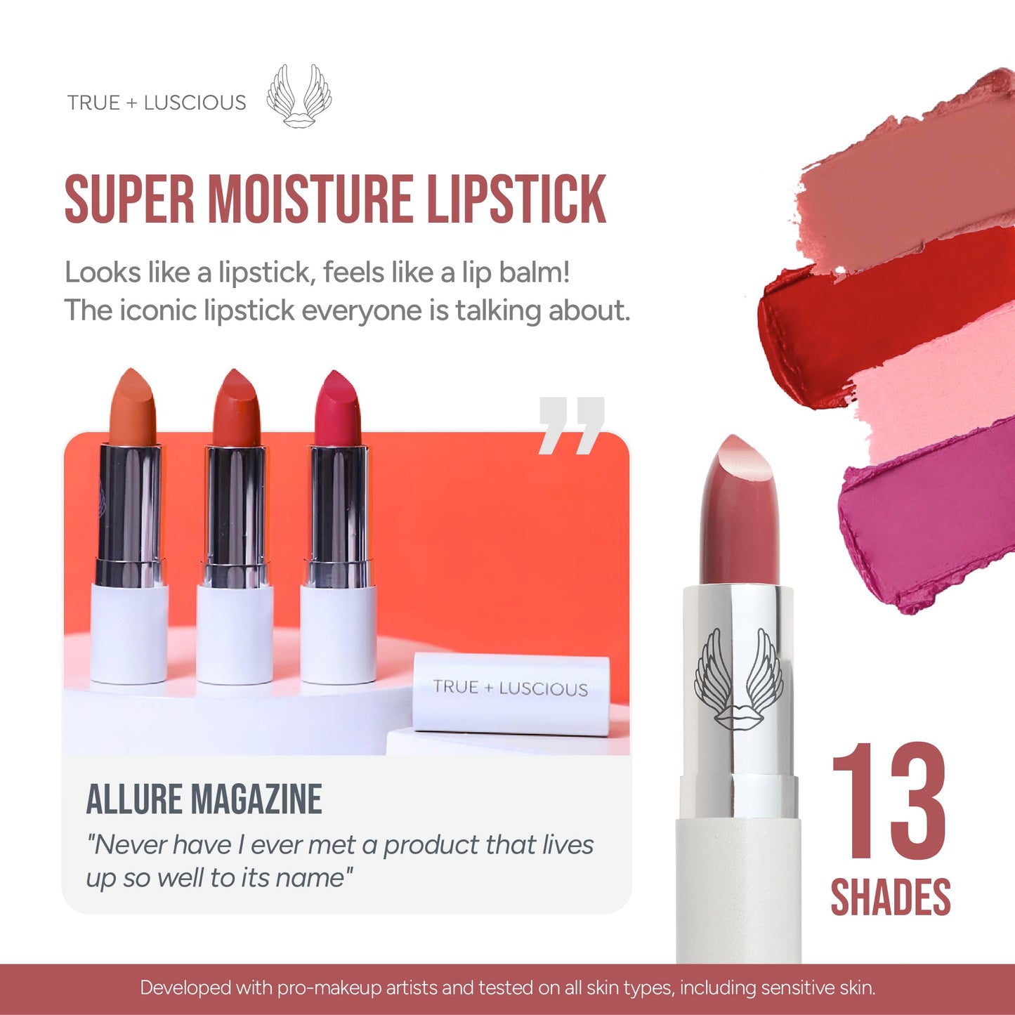 True + Luscious Super Moisture Lipstick | Satin Sheer Lasting Hydrating Lip Color for Dry Lips & All Skin Tones | Lightweight Feel with Hyaluronic Acid & Konjac Root | Vegan | Pink Sugar