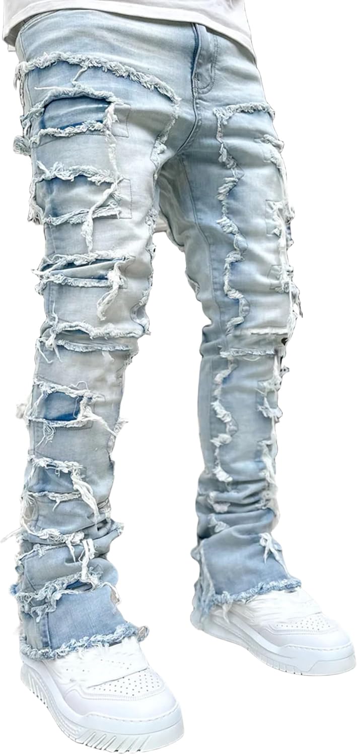 Men's Ripped Distressed Slim Fit Denim Jeans - Straight Leg Style | Cool Casual Look