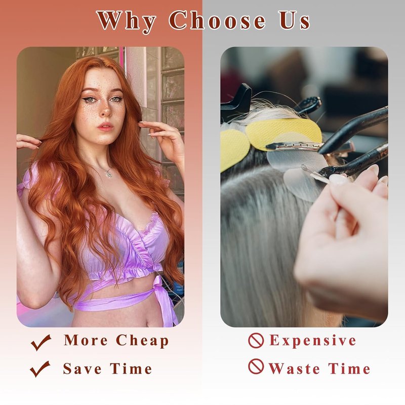 Long Wavy Hair Extensions - 4PCS Copper Red Curly Synthetic Thick Hairpieces | 20 Inch Double Weft Full Head