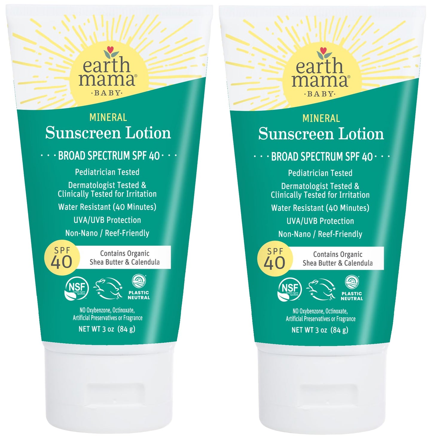 Earth Mama Baby Mineral Sunscreen Lotion SPF 40 - (2 Pack) 3 oz - Non-Nano Zinc - Broad Spectrum for Babies, Kids & Family - Water Resistant Sun Protection