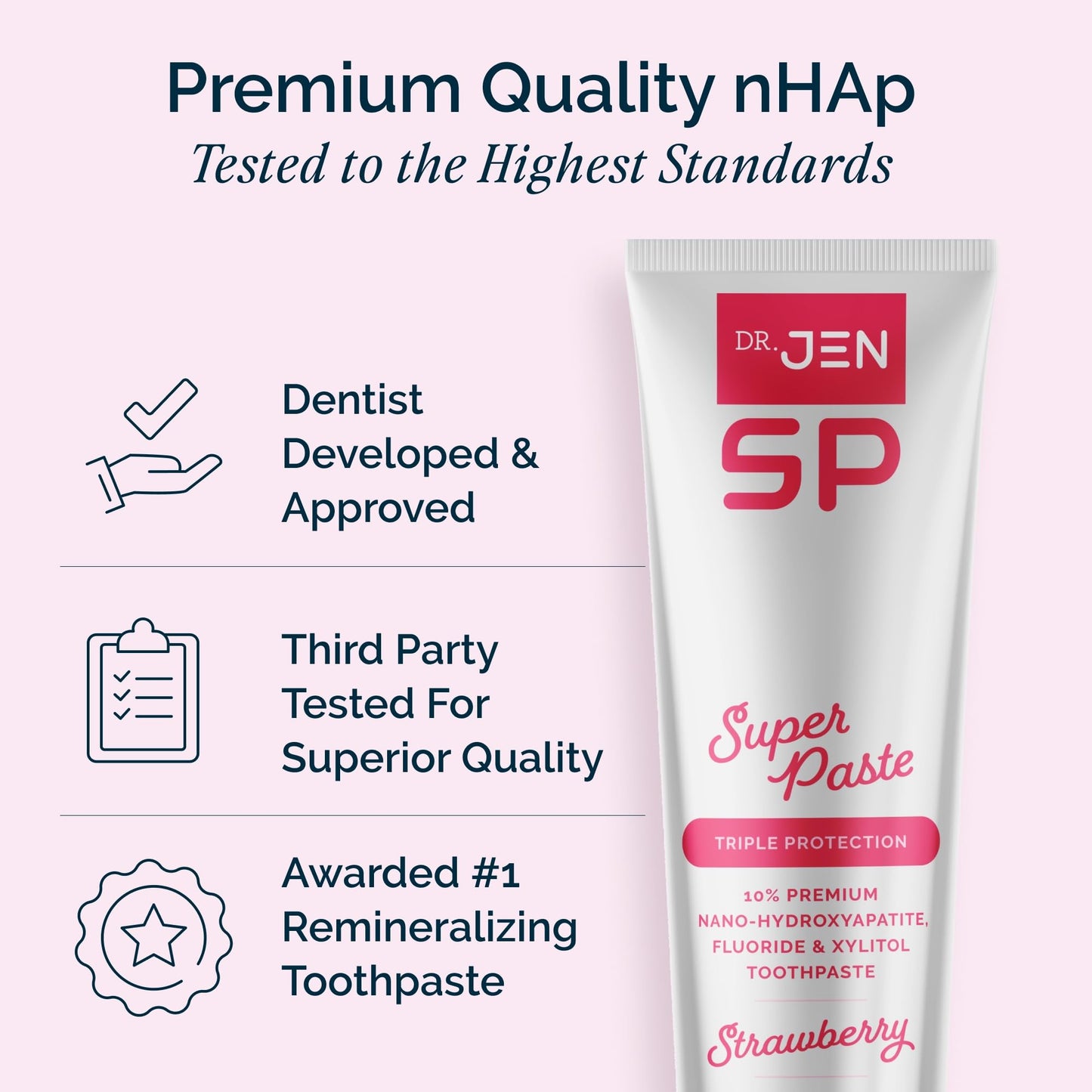 Dr. Jen Super Paste Toothpaste with Fluoride + 10% Premium Nano Hydroxyapatite, Xylitol, Strawberry, SLS Free, Vegan, Dentist Designed, Essential Oils, Fresh Clean Feel, 1 Pack