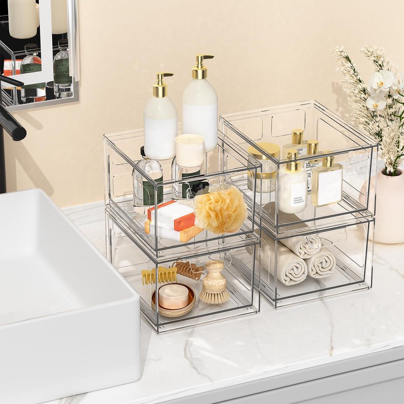 SpaceHacks 4 Pack Stackable Plastic Makeup Organizer Drawers, Acrylic Organizers, Clear Storage Bins with Pull-Out Handles for Vanity, Kitchen Cabinets, Pantry