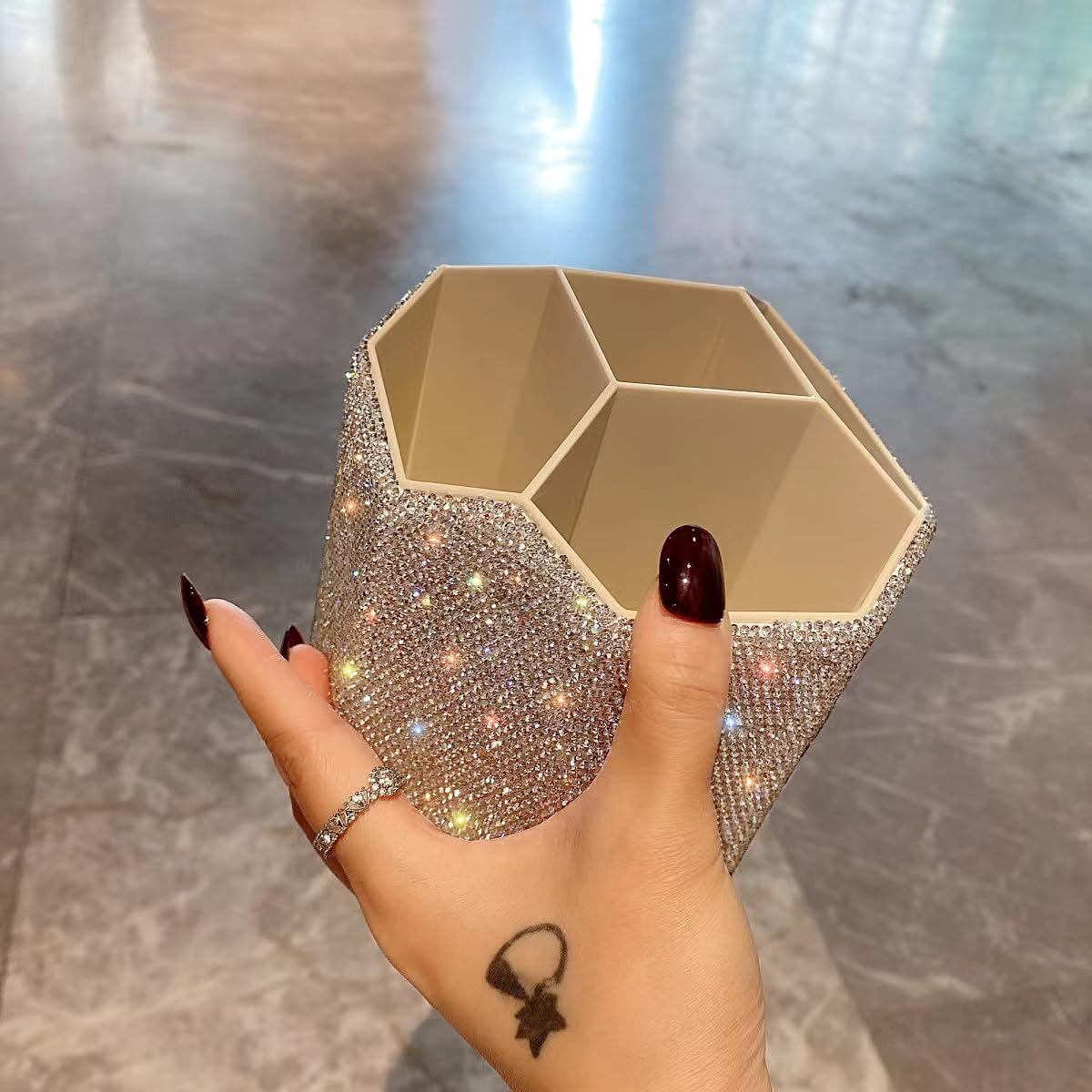 GUFONKOD Bling Design Makeup Brush Holder Organizer,360° Rotating Glitter Rhinestones Cosmetics Storage with 5 Slot Large Capacity Makeup Brushes Cup Pen Holder for Vanity,Bathroom Countertops
