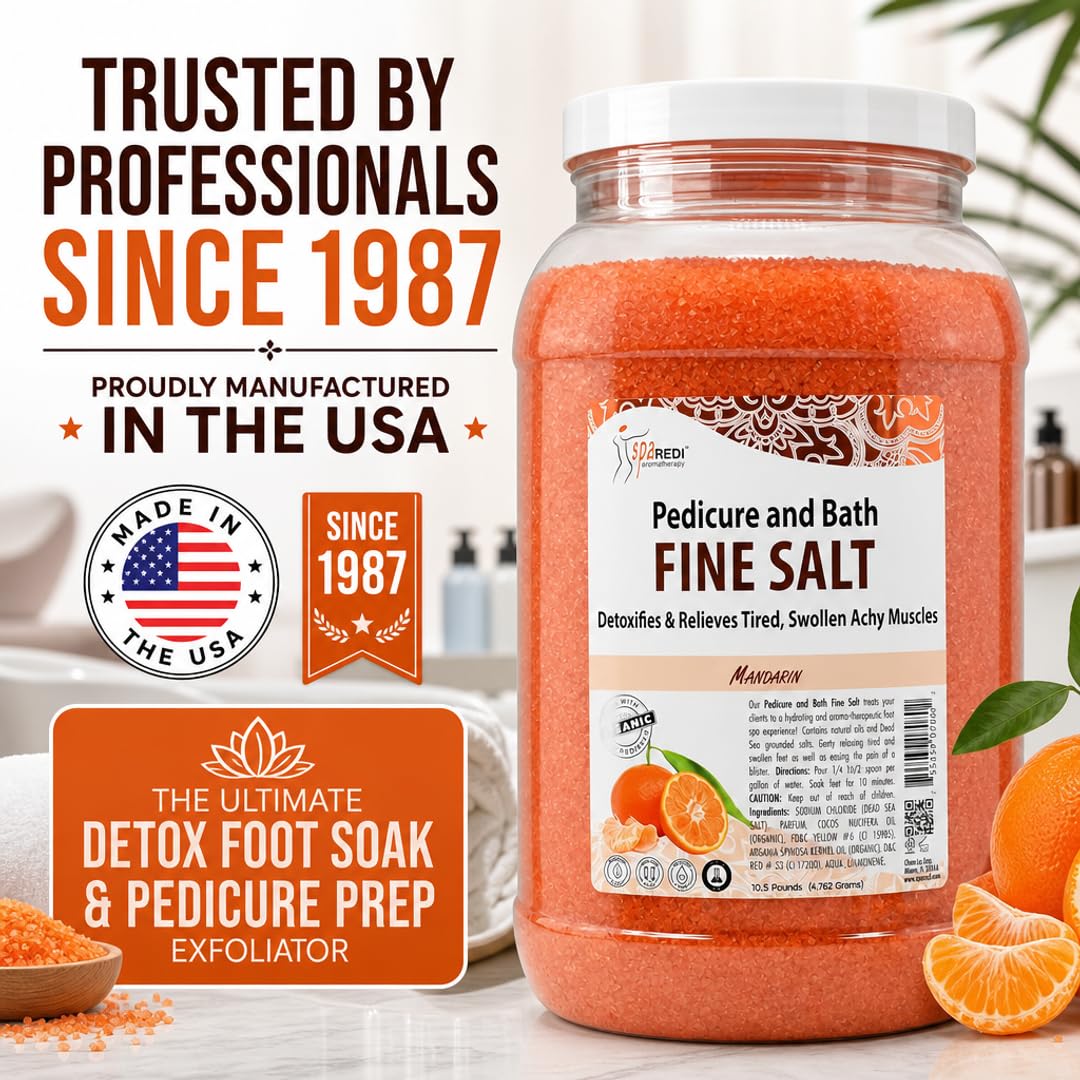 SPA REDI - Detox Foot Soak Pedicure and Bath Fine Salt, Mandarin, 128 Oz - Made with Dead Sea Salts, Argan Oil, Coconut Oil, and Essential Oil - Hydrates, Softens and Moisturizes
