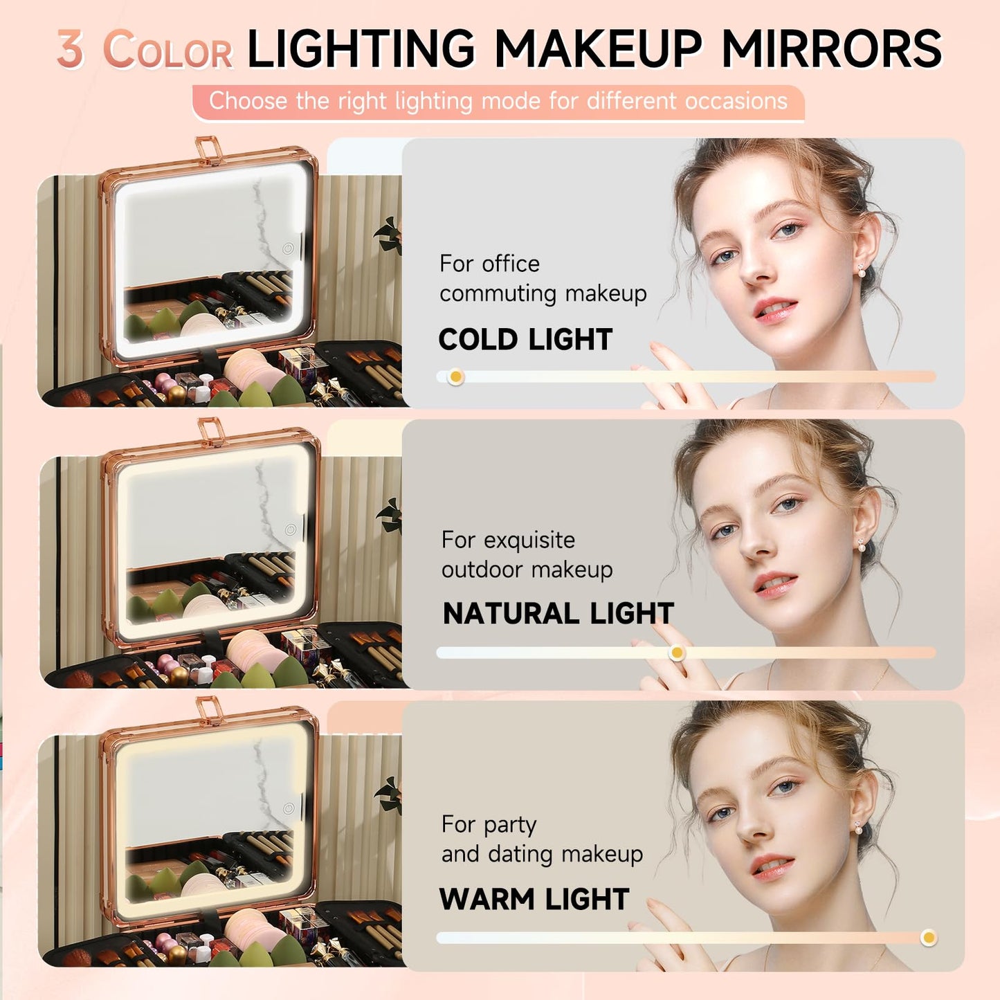 Leeora&Leekoo Makeup Box with Lighted Mirror,Portable Makeup Train Case Organizer (Off white)
