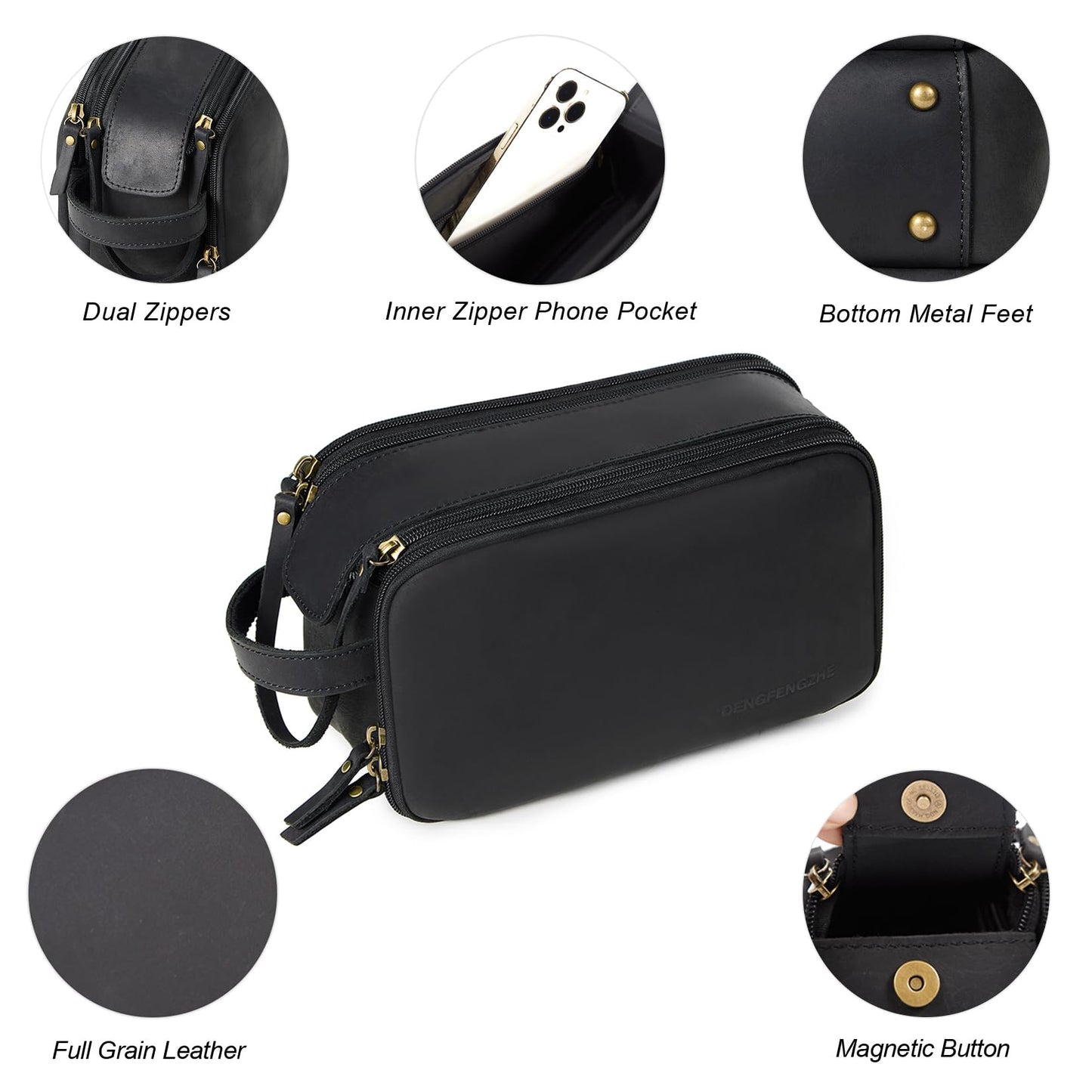 DENGFENGZHE Toiletry Bag for Men, Full Grain Leather Travel Pouch Shaving Dopp Kit Bathroom Toiletries Organizer Bags, Black