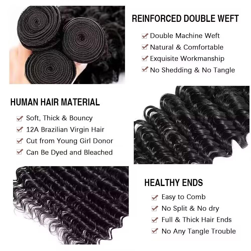 Deep Wave Human Hair Bundles 20 Inch 12A Brazilian Virgin Wet and Wavy Human Hair Weave Bundles 100% Unprocessed Deep Curly Bundles One Bundle Double Weft Water Wave Bundles Natural Black