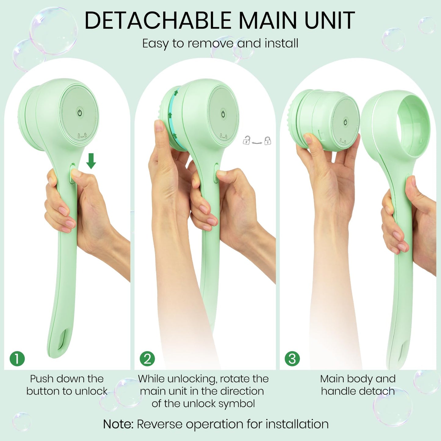 Electric Body Brush, Auto Spinning Back Scrubber for Shower, USB Rechargeable Bath Brush with Dual Long Handle, 5 Replaceable Heads, Waterproof Exfoliating Massage Brush for Skincare, Spa and Bath