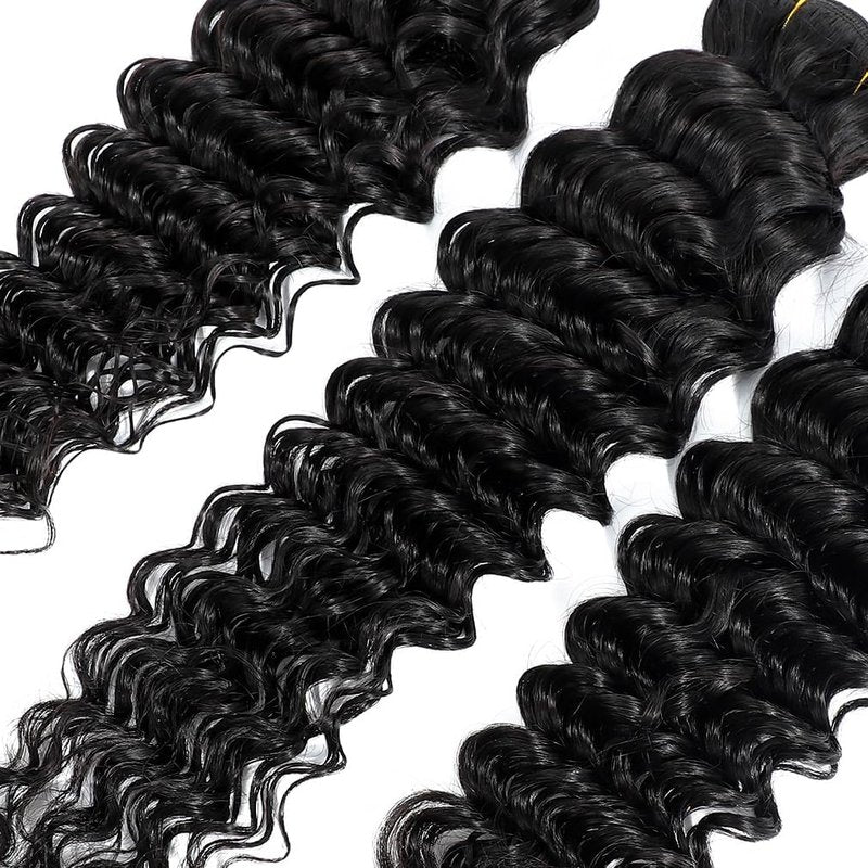 Deep Wave Human Hair Bundles - 18 Inch 100% Unprocessed Brazilian Virgin Hair | Curly Wavy Extensions in Natural Black