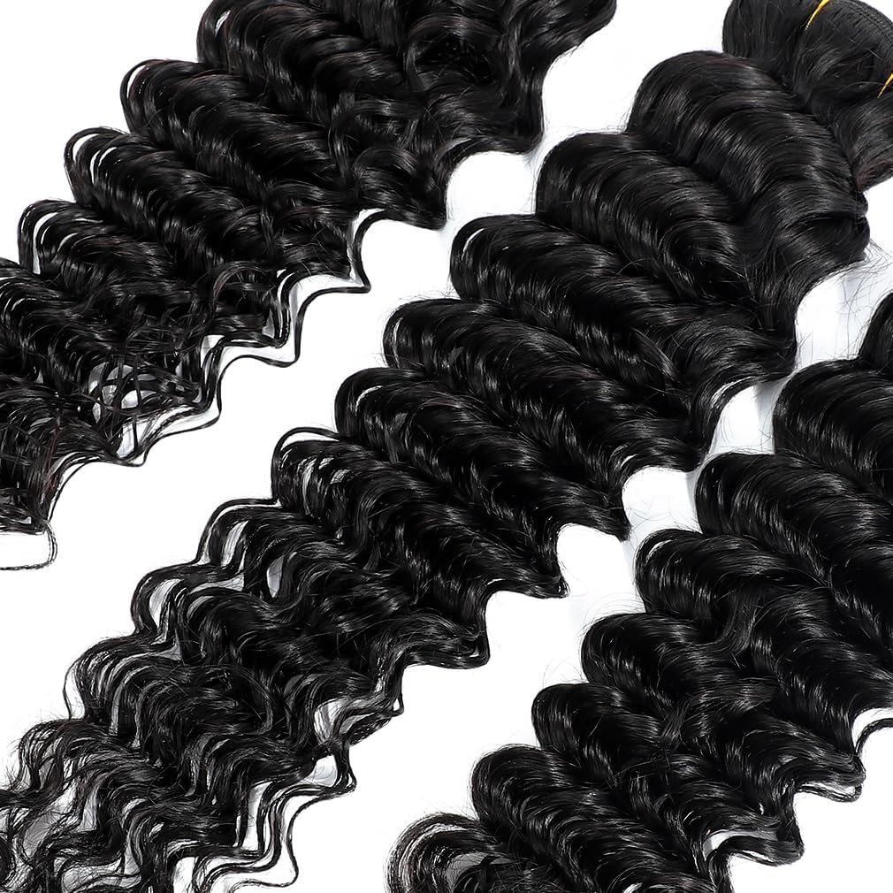 Deep Wave Human Hair Bundles 16 Inch Deep Wave Bundles 100% Unprocessed Brazilian Virgin Hair 1 Bundles Curly Bundles Hair Extensions Real Human Hair Wavy Quick Weave Bundles Natural Black