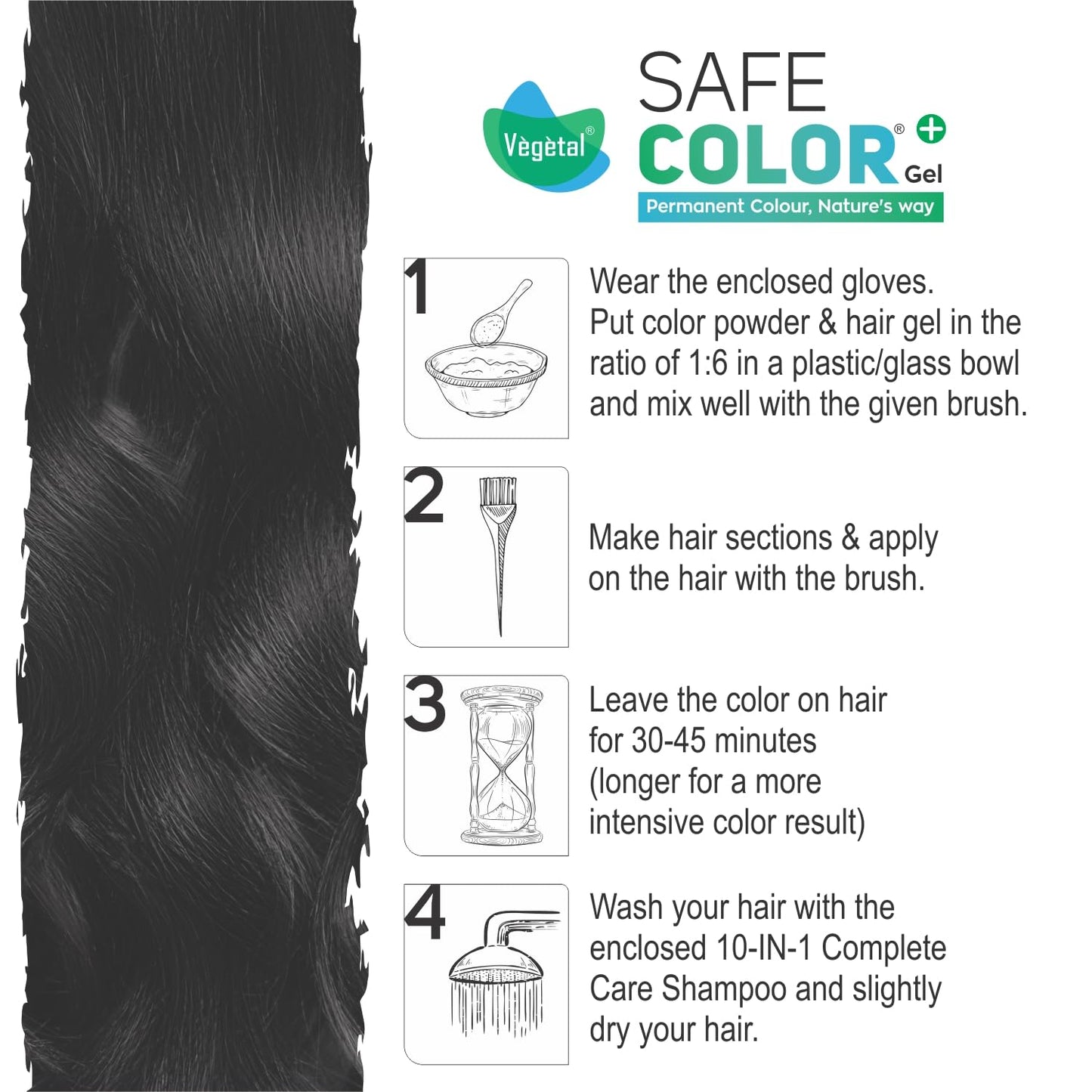 Vegetal Permanent Hair Dye Gel - Soft Black 1.0, Ammonia & PPD Free Hair Color for Gray Hair, 100% Gray Coverage, 30-Day Color Lock, 6.4 fl oz