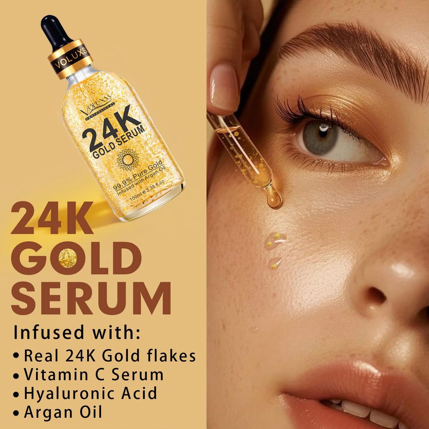 24K Gold Anti-Aging Face Serum 2Pack with Vitamin C & Hyaluronic Acid. Real 24k Gold Serum for face Boosts Collagen, Reduces Dark Spots & Fine Lines for Hydrated, Radiant Skin 6.76fl.oz