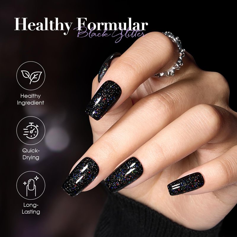 COSMOO Black Glitter Quick Dry Nail Polish 12ml, Shimmer Chip Resistant DIY Nails Art for Ladies, Vegan, Fast Drying, Streak, Long Lasting