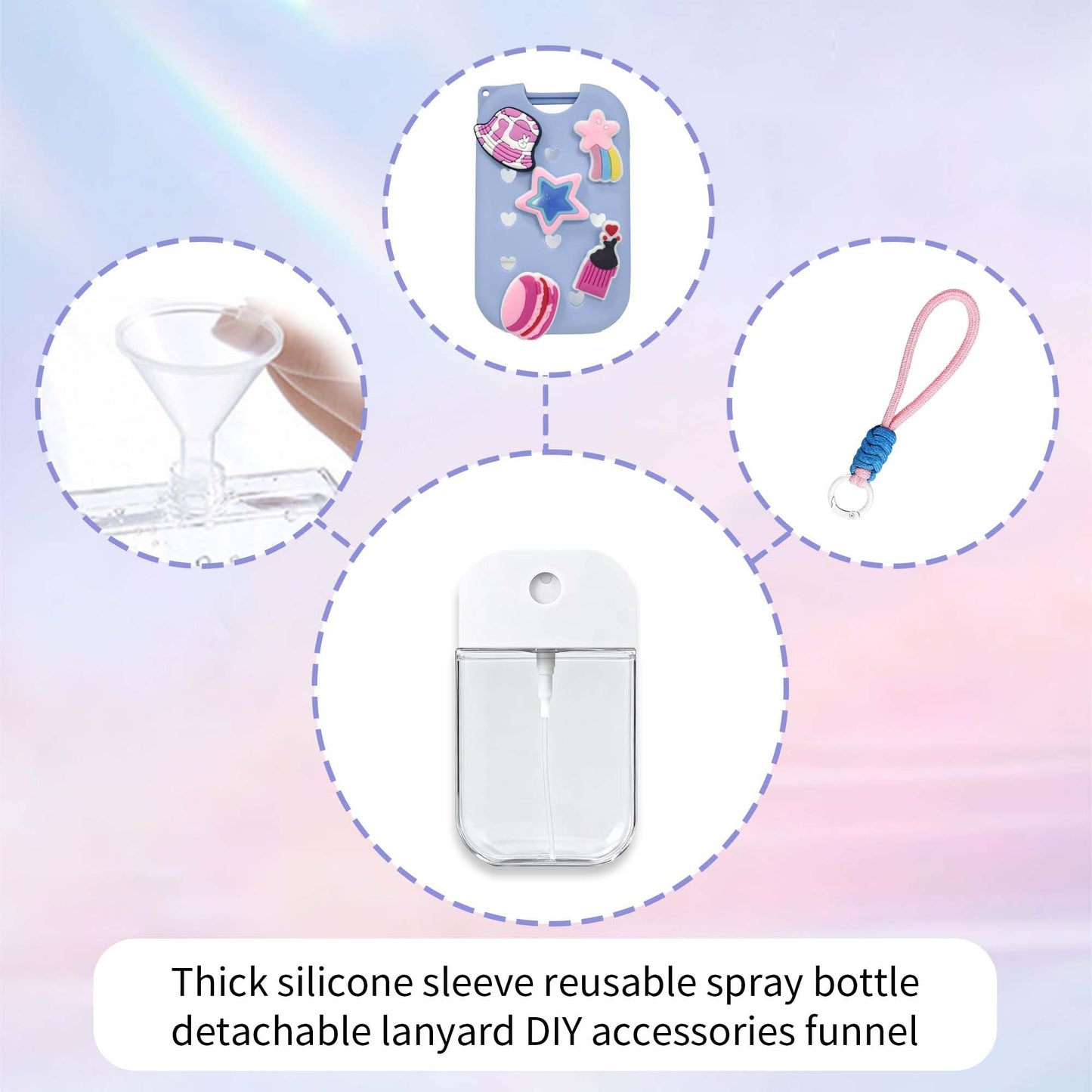 Zuhose Refillable Spray Bottle Keychain with Silicone Case, Customizable with 8 Charms for 1.69oz/50ml Liquid, Portable Leakproof Travel Accessory (Blue)