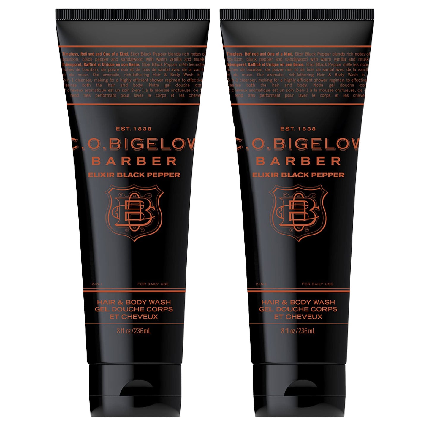 C.O. Bigelow Elixir Black Pepper Hair & Body Wash for Men, Pack of 2 Bourbon & Sandalwood Scented Men's 2 in 1 Shampoo & Body Wash, 8 Fl Oz