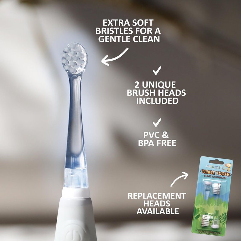 Jack N' Jill Tickle Tooth Sonic Toothbrush - Kids Electric Toothbrush, Gentle Teeth Cleaning, for Babies & Toddlers Ages 0-3, LED Inspection Light, Extra Soft Bristles - 1 Pack + Replacement Heads