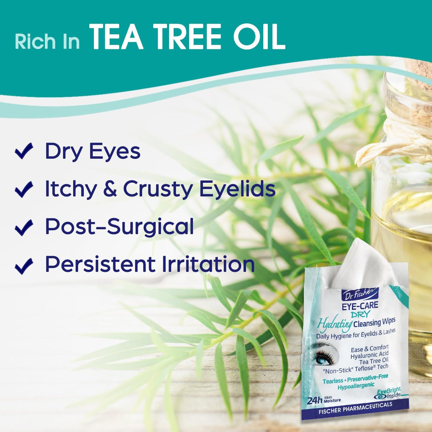 DR. FISCHER Eye-Care Dry, Hydrating Cleansing Wipes-Gentle Eye Wipes for Everyday Eye Cleansing and Hypoallergenic Makeup Remover (60 Wipes)