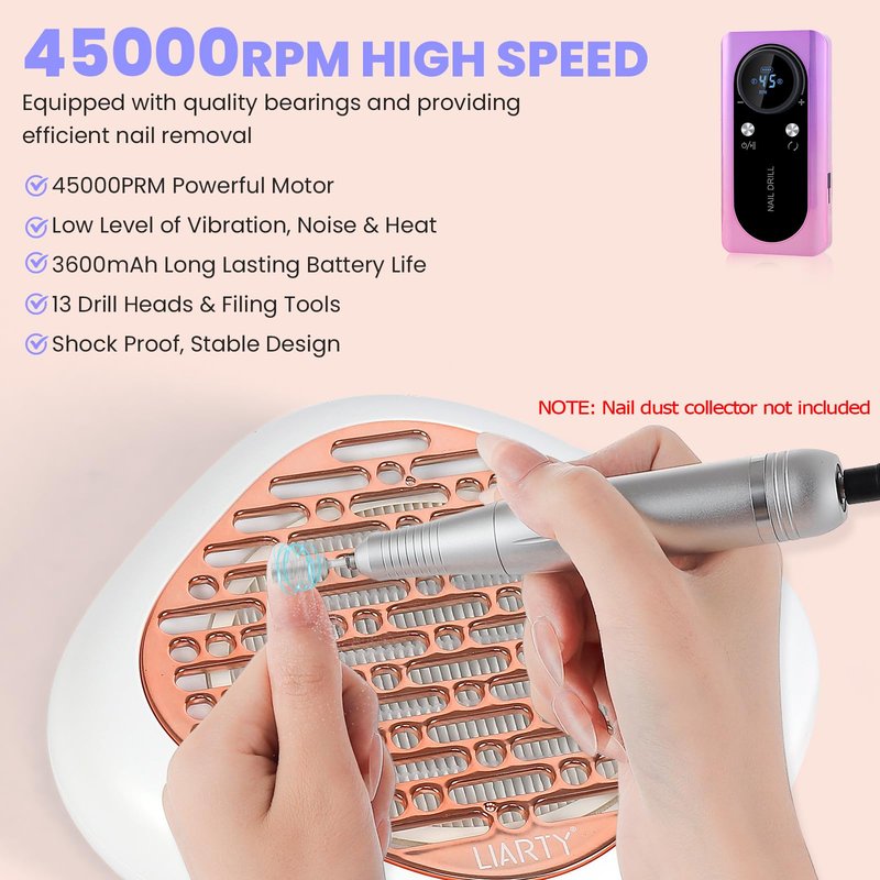 45000 RPM Nail Drill Machine Cordless, Rechargeable Electric Nail File Machine Professional Drill Tools for Acrylic Nails Gel Salon Manicure Pedicure